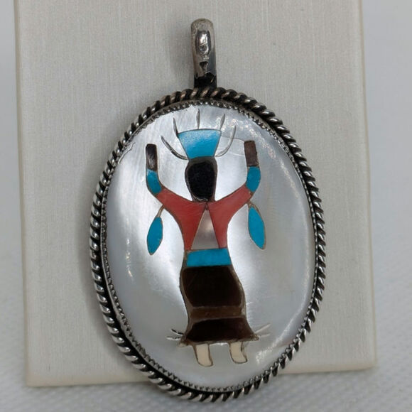 Native American Zuni by Jays Mother Of Pearl Inlay Pendant Dancing Kachina 925 - Picture 1 of 5